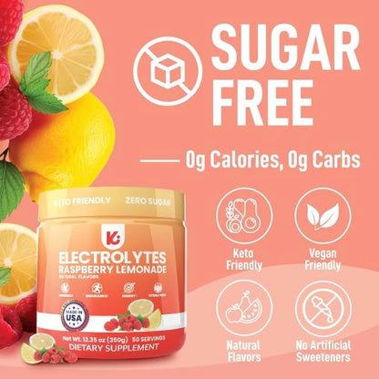 Electrolytes Powder – Raspberry Lemonade Flavor 50 Servings – No Sugar Hydration Supplement with Magnesium, Potassium, Sodium – Keto, Vegan, Fasting-Friendly, Zero Calorie Electrolyte Drink